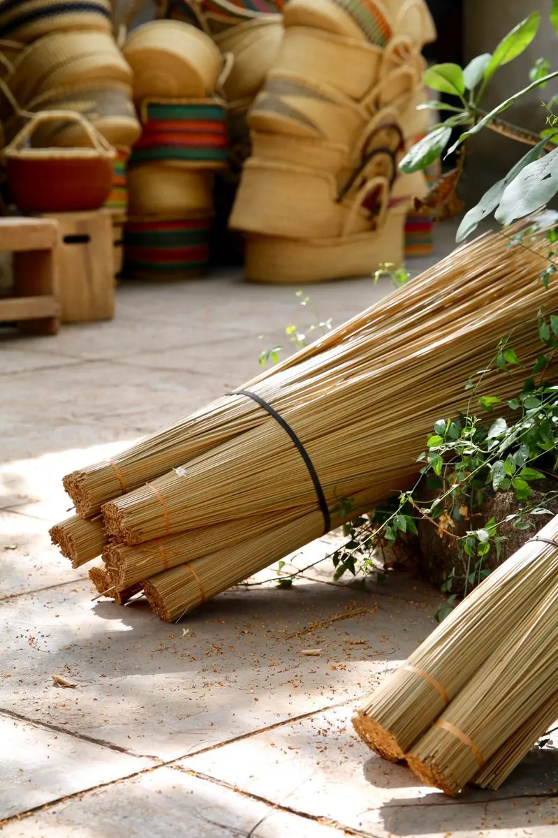 Bundles of natural basket straw beside finished woven baskets