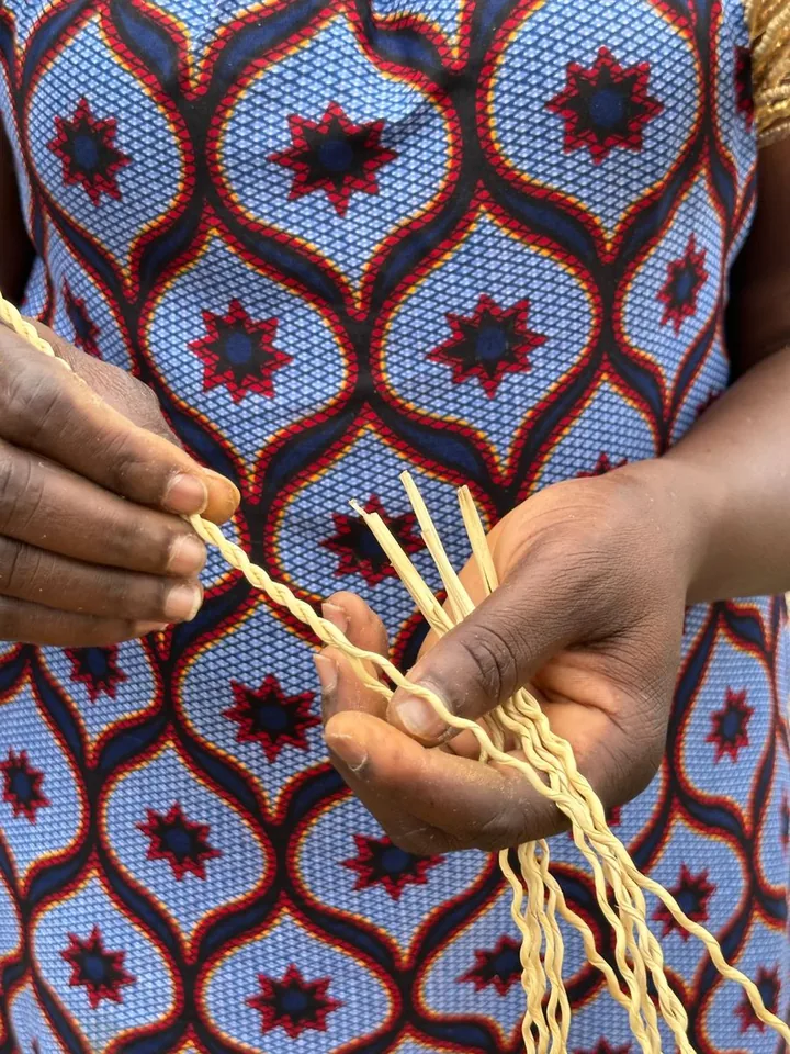 Close view of hands unravelling rolled straw