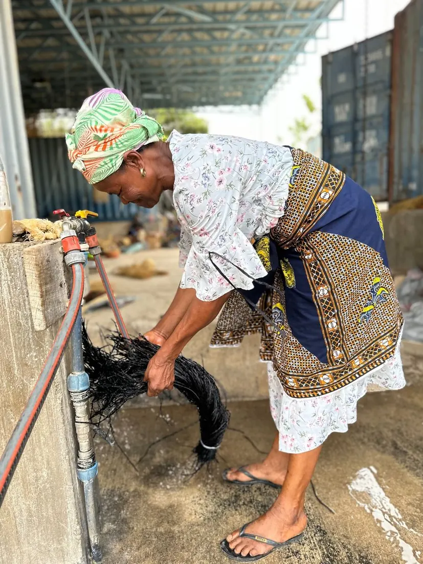 A basket maker rinsing prepared straw beside a bucket